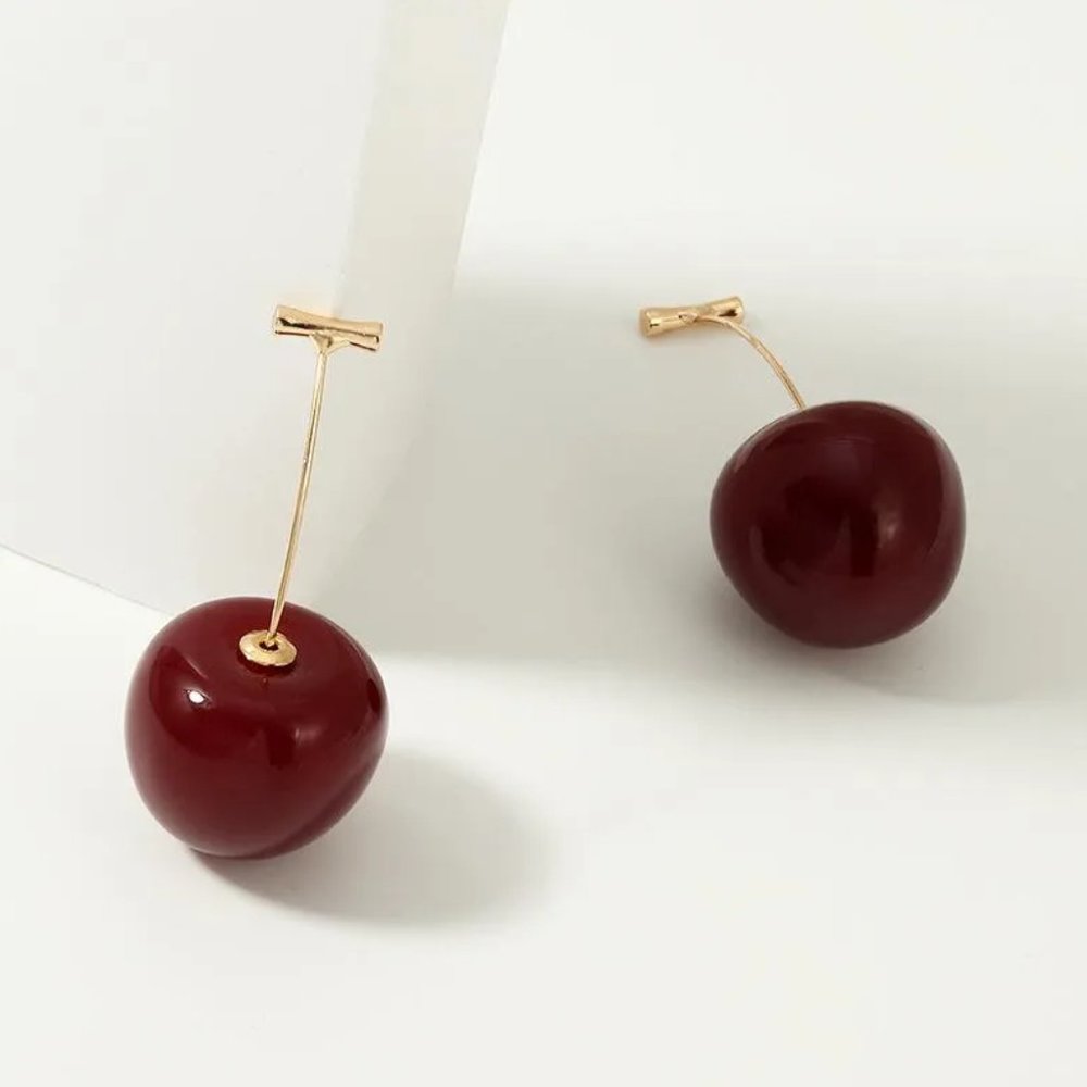 Sweet Dark Red Cherry Fruit Resin Drop Earrings NEW - Picture 3 of 6